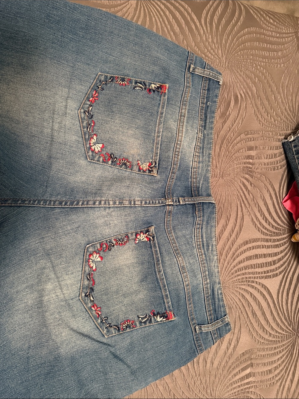 CJ Banks Light Blue Denim Shorts with Red & White Floral Embroidery